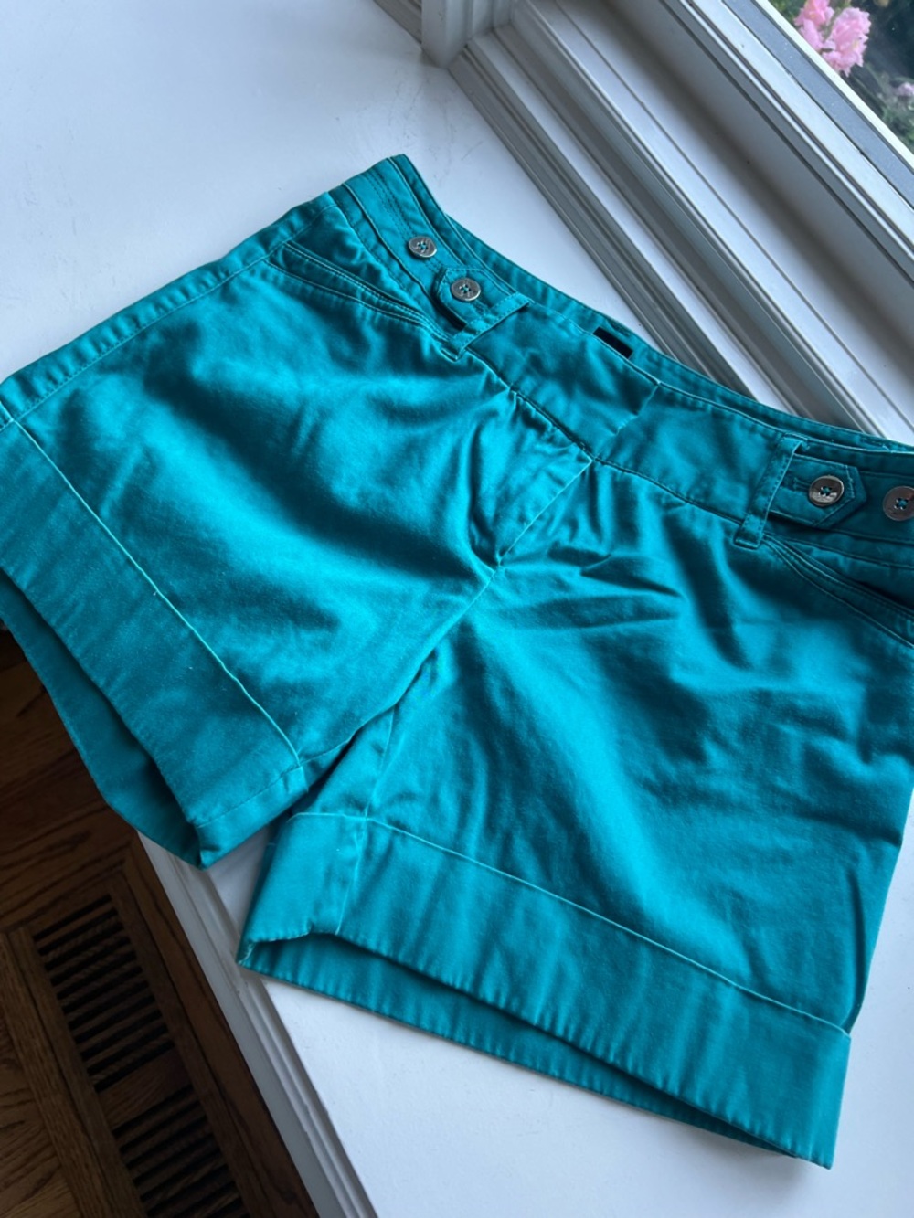 White House Black Market Teal Flat-Front Cotton Shorts